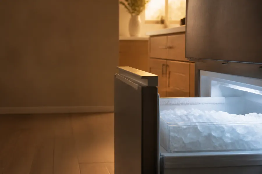An ice maker bin full of ice inside a freezer drawer