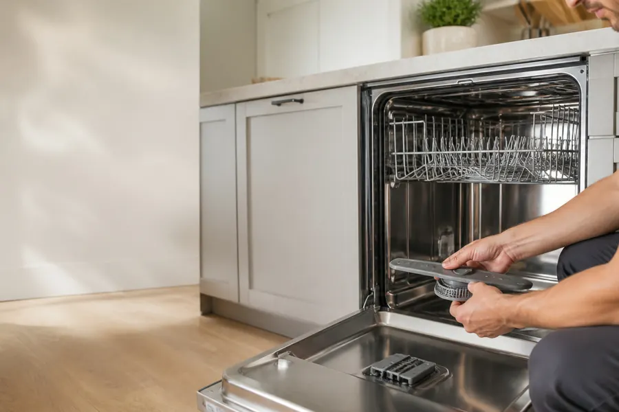 An appliance technician checking the racks of an open dishwasher
