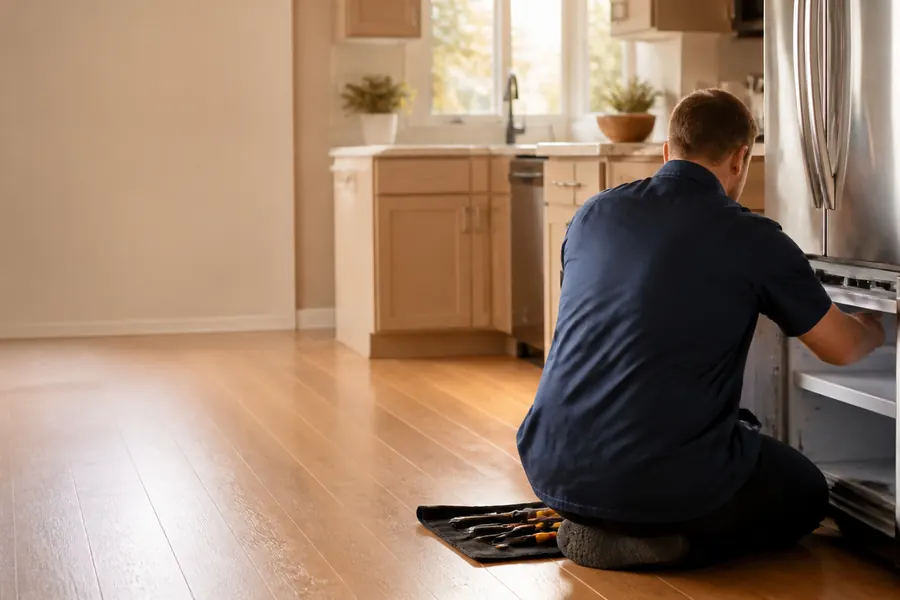 An appliance technician working at the base of a refrigerator