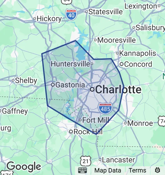 Service area map around Charlotte, NC